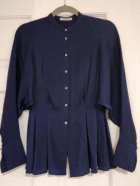 MM. Lafleur Navy Silk-Blend Button Top